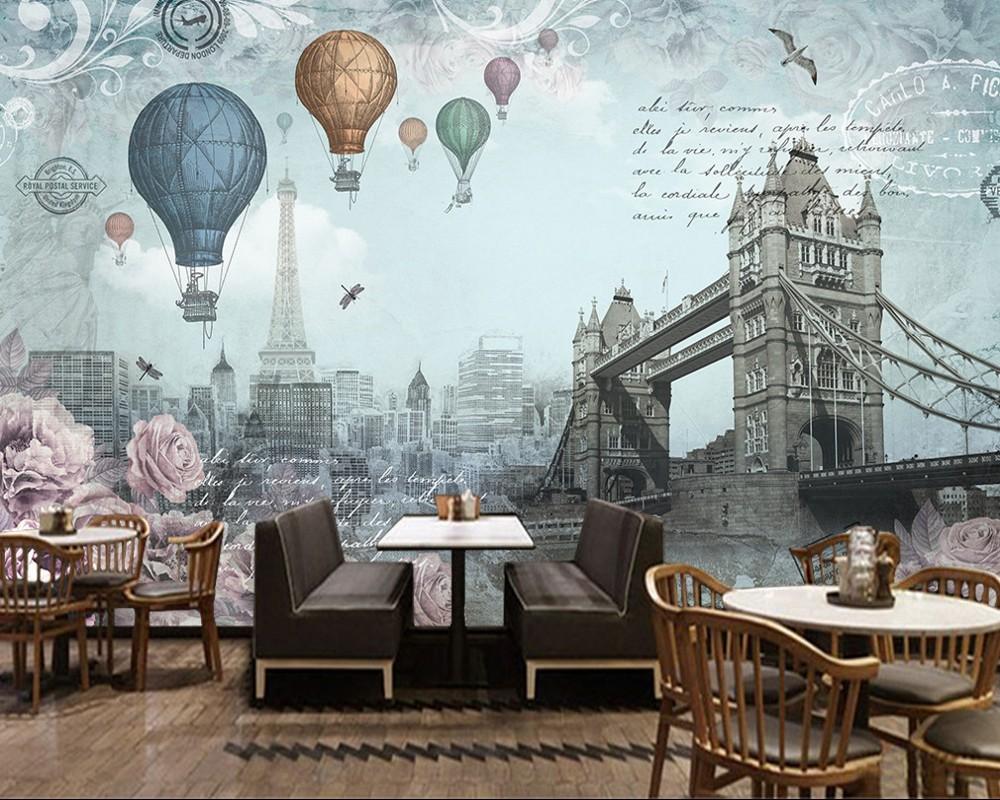 

Free Shipping Custom 3D Wallpaper Retro British Style Hot Air Balloon Wall Living Room Bedroom Hotel Wallpaper Retro Fresco, As pic