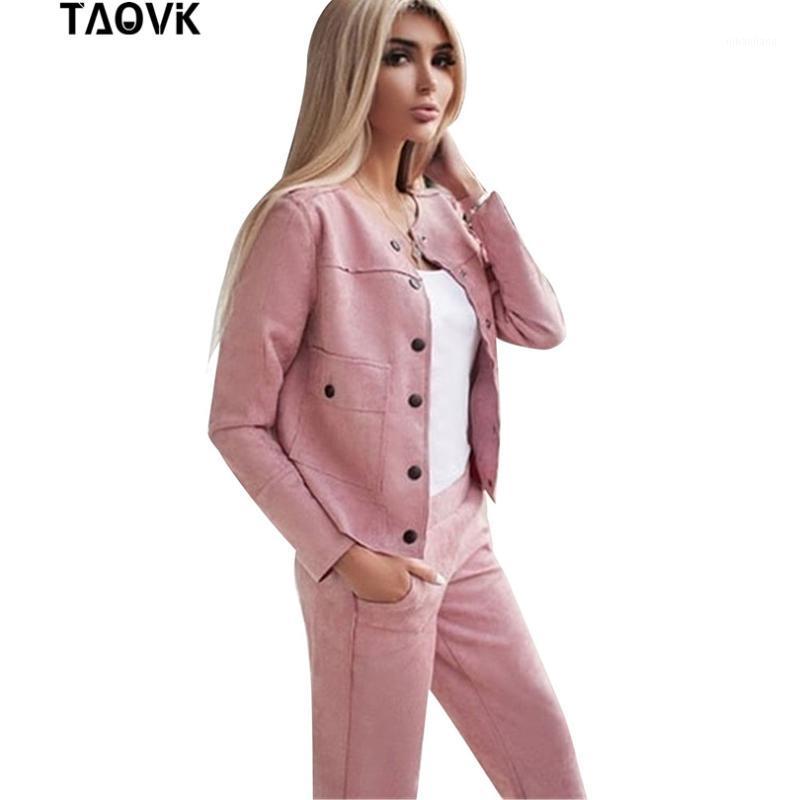 

TAOVK Women Suede Tracksuit Single-breasted Collarless Jacket + Pants Two Piece Set Female Streetwear Suits1, Green