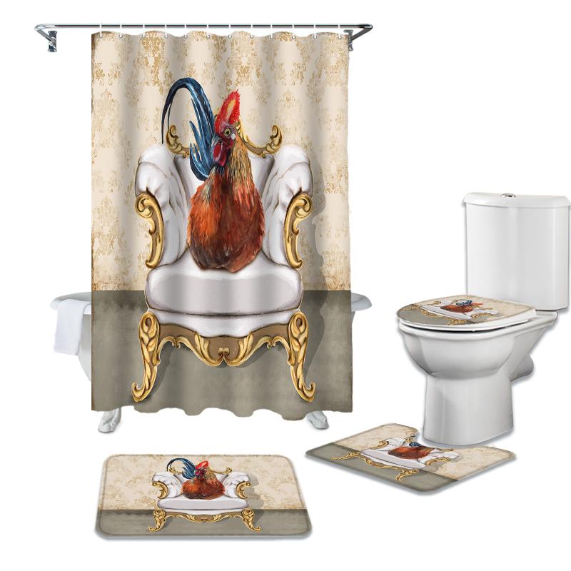 

Chicken Sitting On Sofa Retro Vintage Shower Curtains Set Bath Mat Set Toilet Cover Bathroom Accessories Bathroom Rug