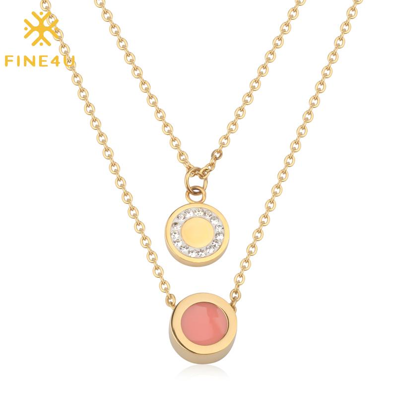 

FINE4U N431 Tiny Round Coins Pendants Necklace with Cubic Zirconia Stainless Steel Double Layered Necklaces For Women