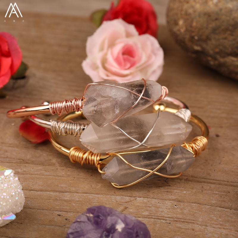 

Charm Bracelets Wire Wripped Crystal Beads Women Gold Natural Herkimer Diamonds Quartz Freeform Point Open