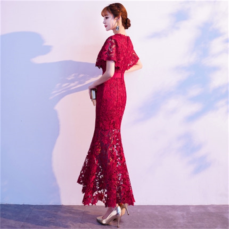 

Red Lace As a Party Woman 2021 Summer Thin Sleeve Short Mermaids Middle of Elegant Female Calf Midi Dressed in Cleavage v Trumpet 5oqm