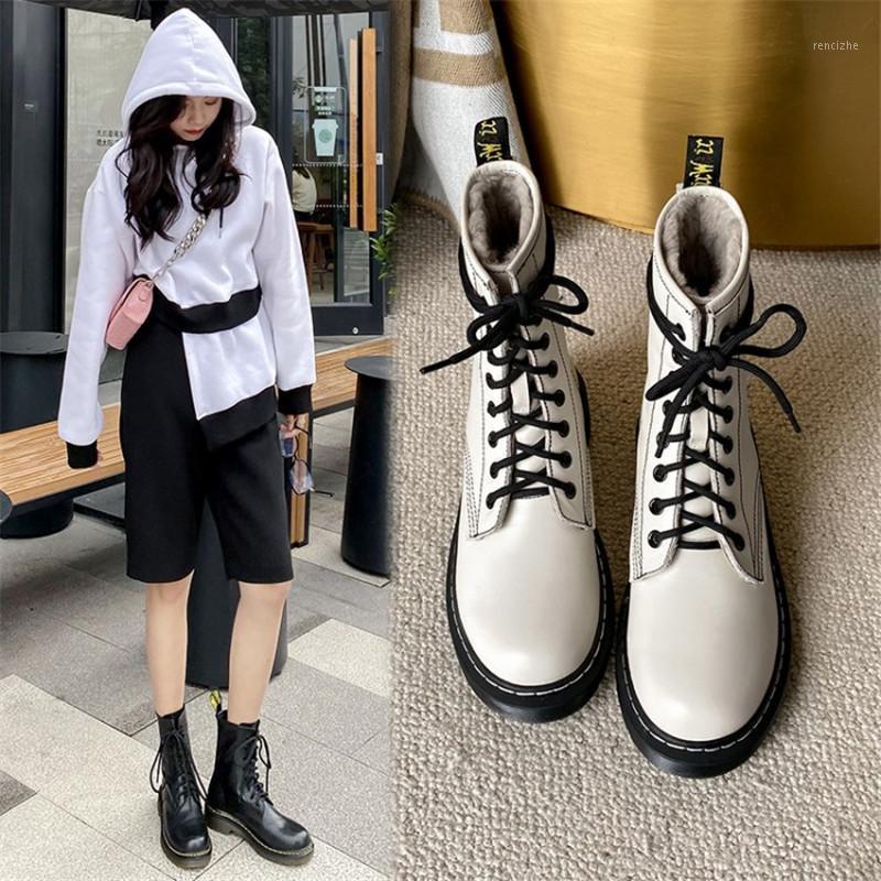 

PXELENA Genuine Leather Women Combat Motorcycle Snow Boots 2021 Winter Warm Thick Real Wool Fur Med Heels Shoes Lace Up1, Beige autumn