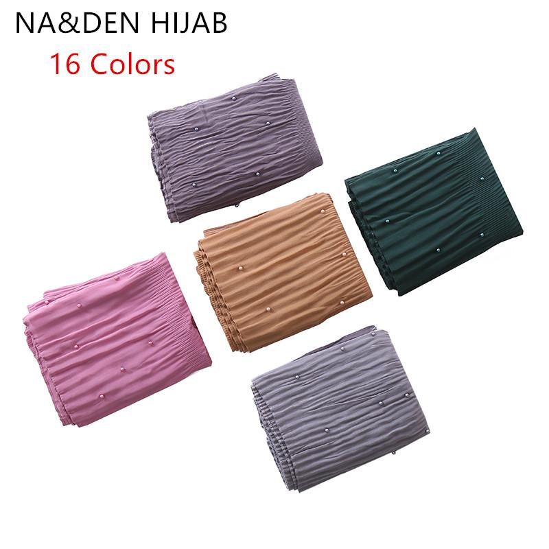

Long head muffler Islamic scarf Ladies wrinkled wraps Solid plain shalws Chiffon Women hot pearls scarves Muslim hijab 10pcs/lot