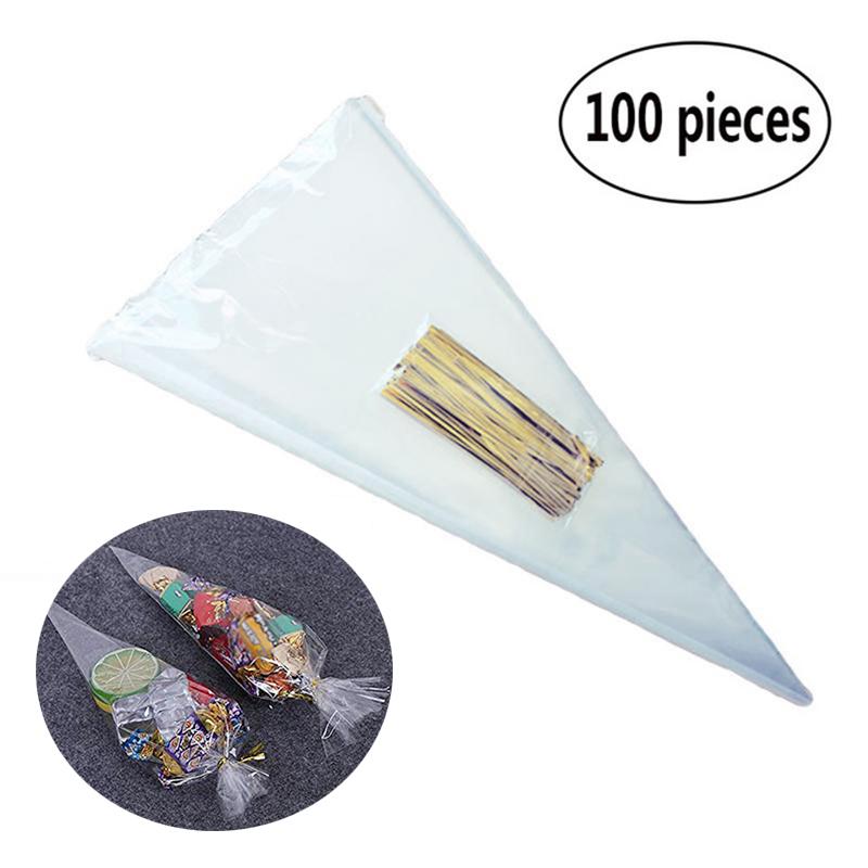 

100pcs/Lot DIY Candy Bag Wedding Favors Birthday Party Decoration Sweet Cellophane Transparent Cone Storage With Transparent Bag