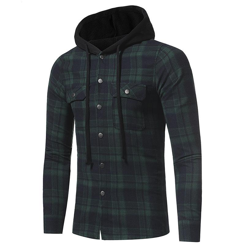 

2021 Shirt Men New Spring Hot Sale Quality Plaid Shirts Hooded Outwear Long Sleeve Casual Male Shirts, Navy blue