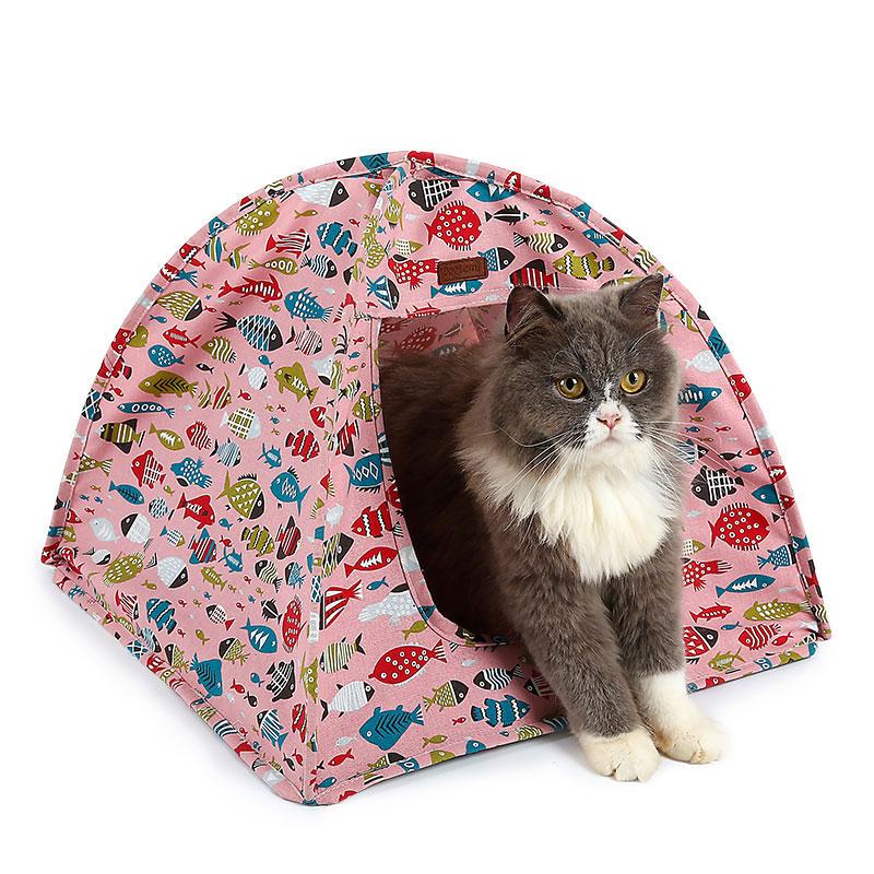 

Portable Pet Tent bed Cute Fish DesignCat Puppy House Foldable Waterproof Cave Washable Cotton Canvas for indoor cats