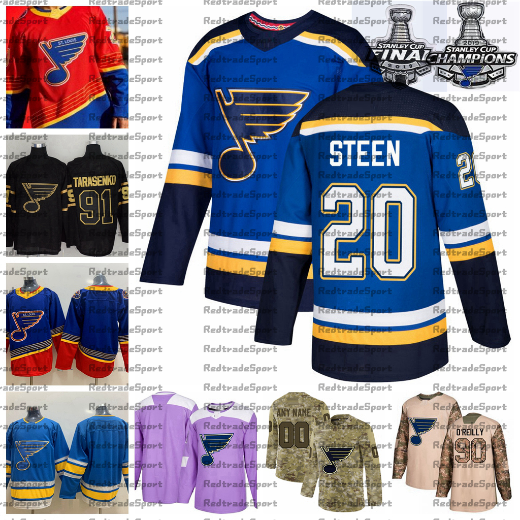 

2021 Reverse Retro Customize 20 Alexander Steen St. Louis Blues Champions Hockey Jersey Golden Edition Camo Veterans Day Fights Cancer, Red