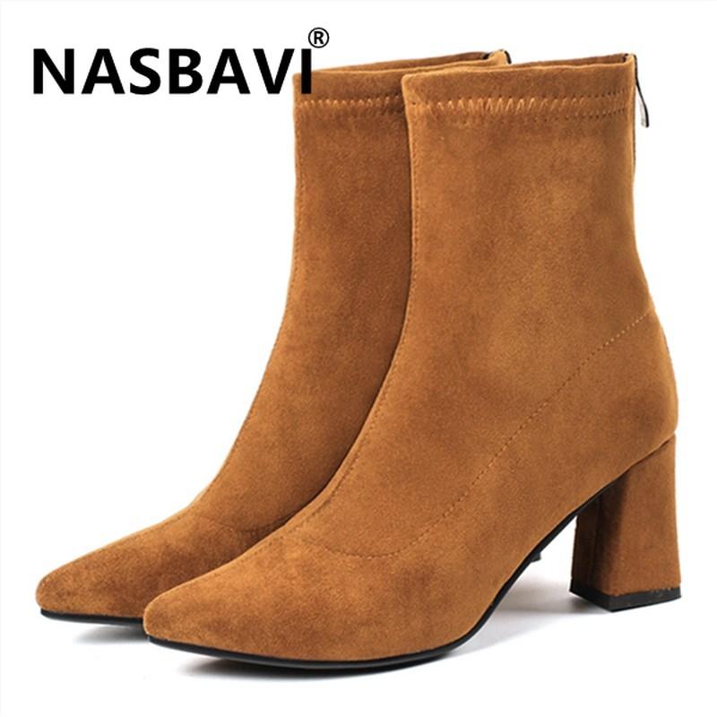

Autumn winter Women warm Ankle Leather Boots 2020 Fashion women Boots thick High Heels Pointed Toe zipper Shoes, Black