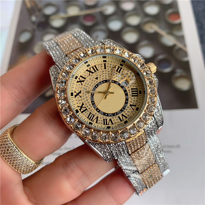 

Fashion Brand Watches Men Crystal Style Stainless Steel Band Calendar Date Quartz wrist Watch R143, Gold