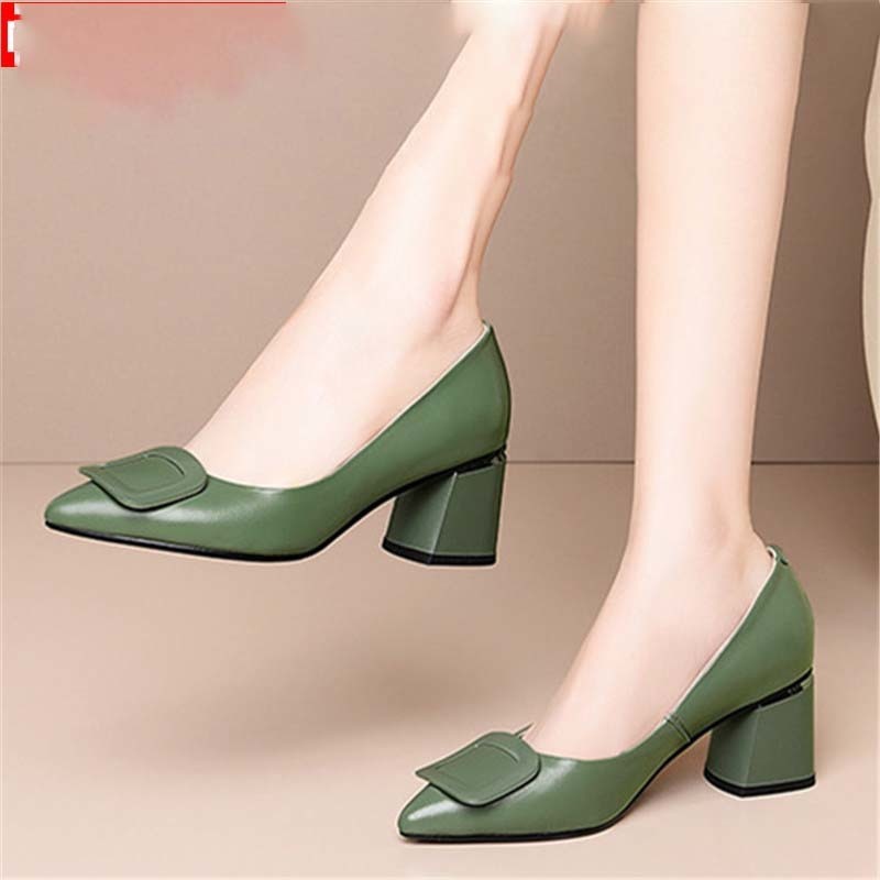 

Live large 34-45 2020 fashions genuine leather bombs shallow ladies will see high heels office women's shoes, Green