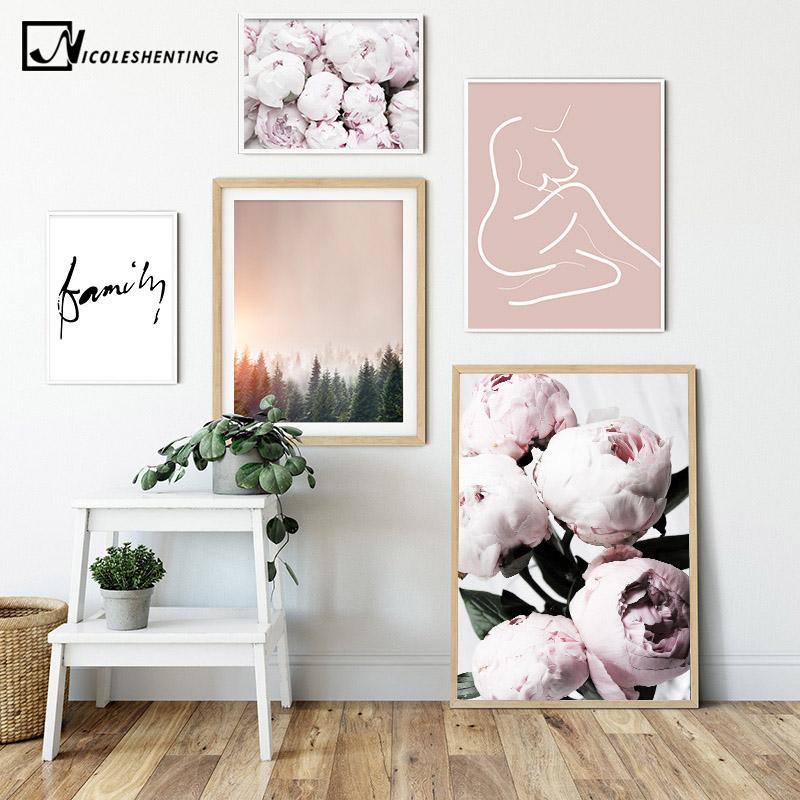 

Pink Peony Flower Family Picture Scandinavian Poster Nordic Forest Sunset Print Wall Art Canvas Painting Modern Room Decoration