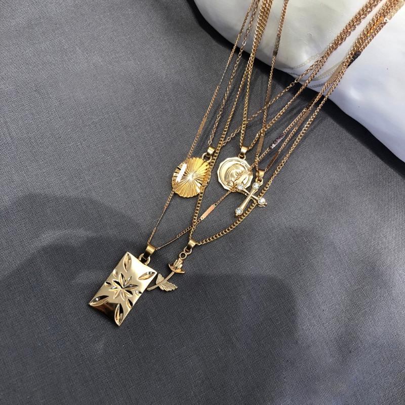 

Trendy Layered Rose Cross Pendant Choker Boho Necklace Set Golden Carve Portrait Coin Long Chain Necklace gold Women Gift