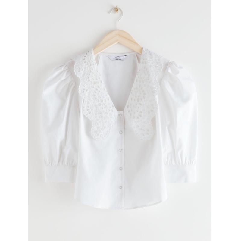 

Women Shirt Lace Collar Sleeve Shirt V-Neck Top, White