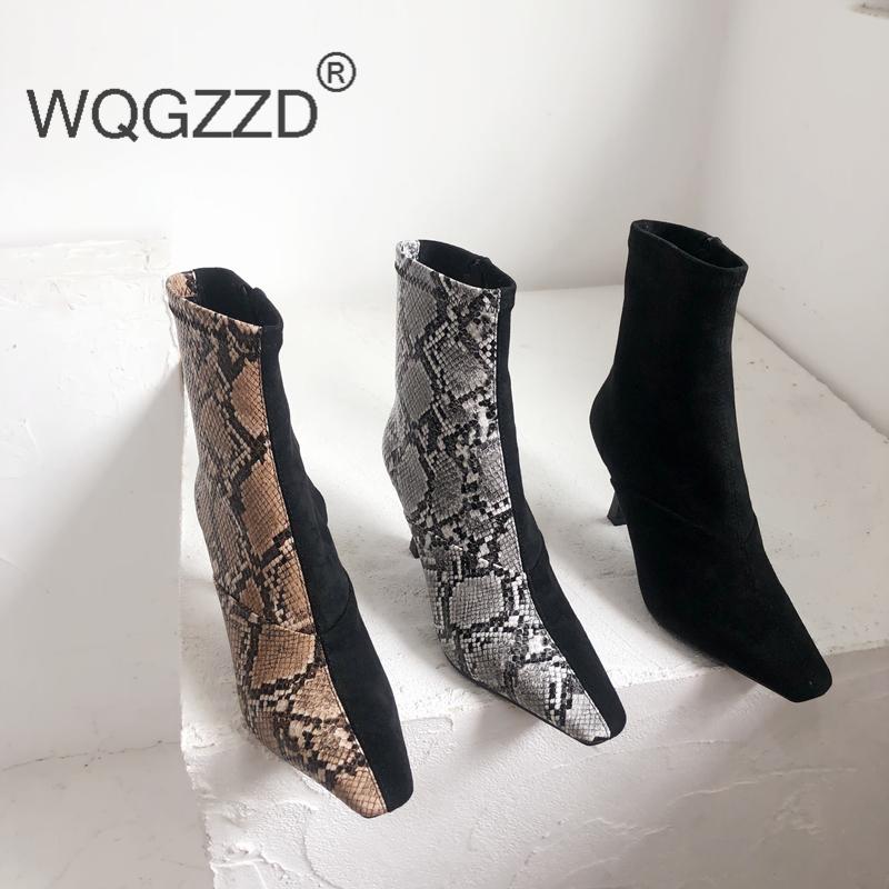 

high heels boots women's ankle boots Snake flock mixed color Stretch women's new winter mujer, Black