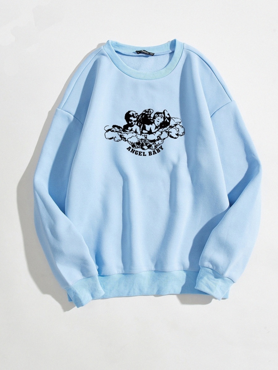

Angel & Letter Graphic Oversized Thermal Sweatshirt A2eF#, Baby blue