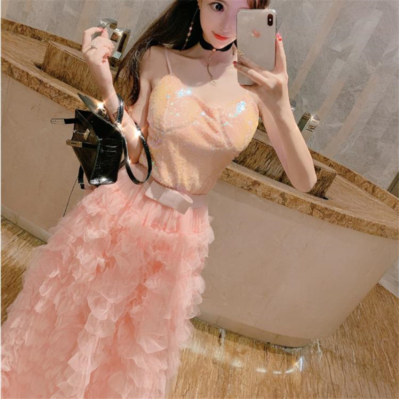 

2021 New Sexy Female 2 Party Pieces Top Beanbag Sequins Skirt Fairy Two Sleeveless Pantsuit Sets Match Birthday Clothes 2SDA, White