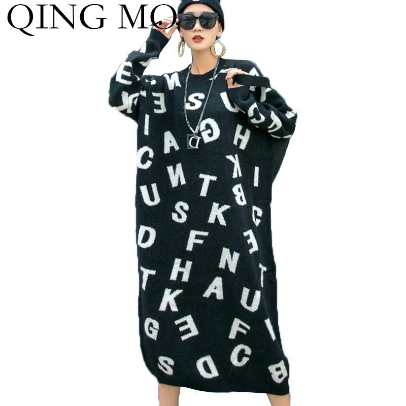 

QING MO Black Women Letter Print Sweater Dress 2020 Women Knitted Pullovers Dress Mid Calf Loose Sweater ZQY5428