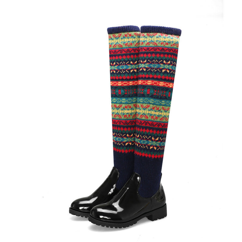 

2021 New Autumn Winter Warm Long Mixed Colors Socks Women Over the Knee High Boots Plus Size Low Square Heeled Shoes Woman Oei6, Patent