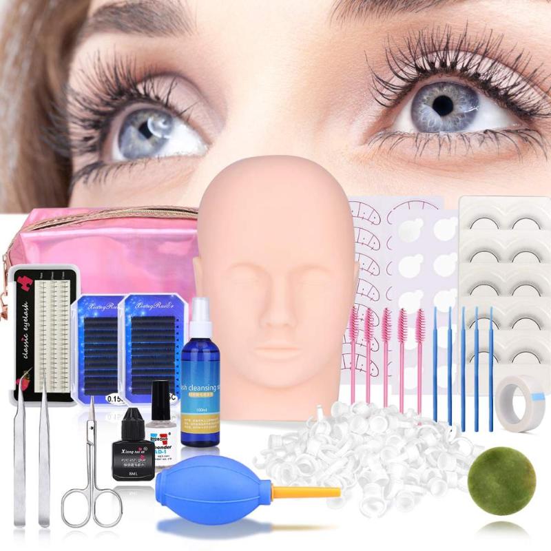 

19 pcs False Eyelash Extension Training Kit Practice Model Head Eye Pads Tweezers Glue Ring Brush Grafting Eyelash Tools Kit