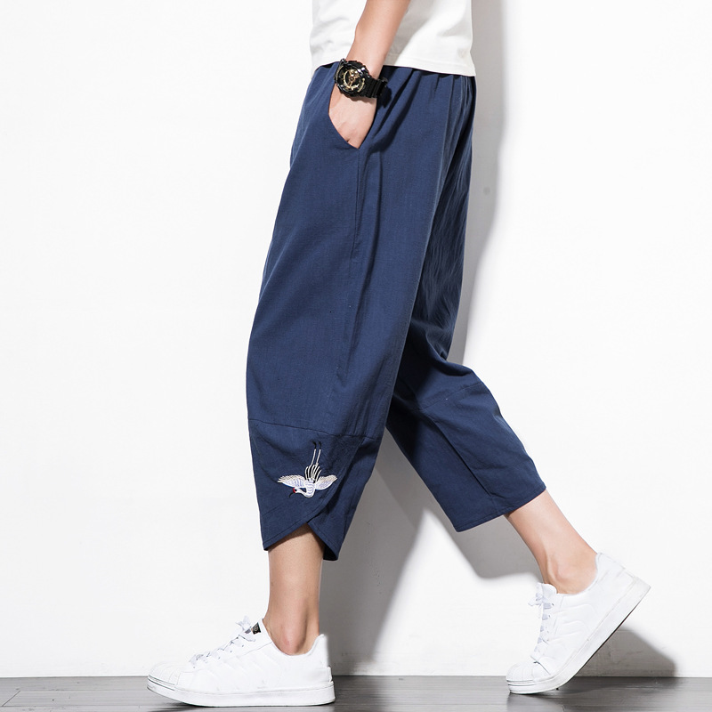 

2021 New Chinese Style Crane Embroidery Harem Men Calf Length Cotton Linen Bermuda Masculina Male Pants Oumh, Blue