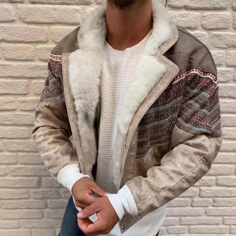 

2020 Suede Stitching Fur Coat Color Block Lapel Long Sleeve Fleece Buttons Coats Jackets Winter Warm patchwork Outwear, Green