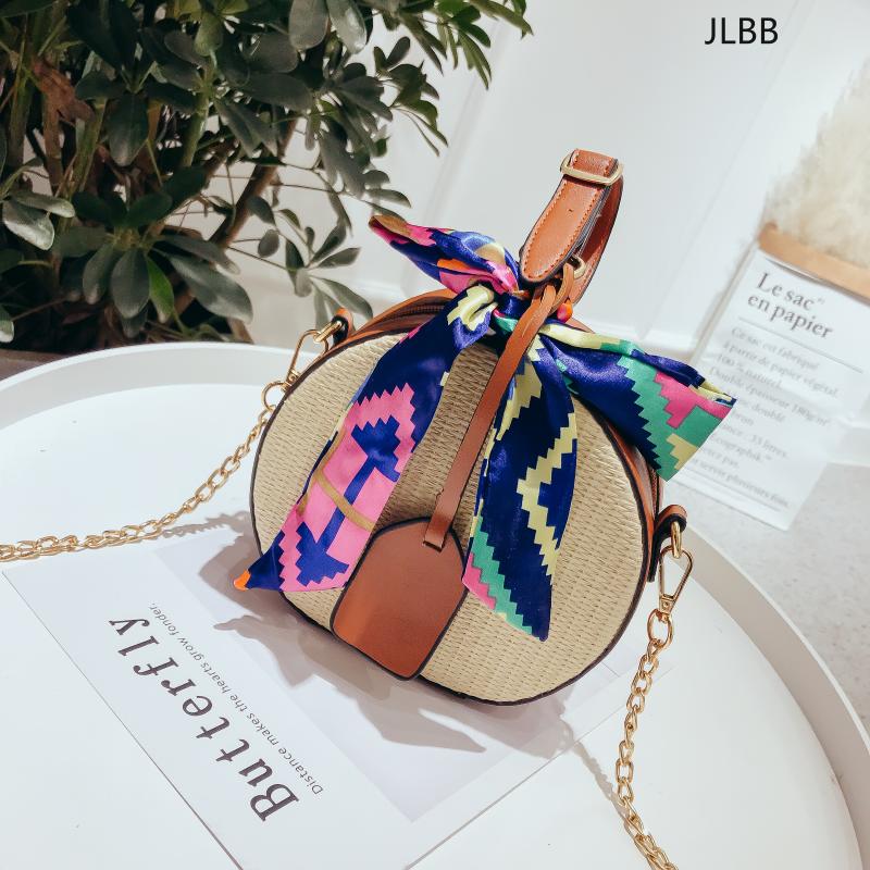 

Round Straw+leather Beach Shoulder Bag Messenger summer Bohemia Rattan Bag for 2021 new Fashion Women Ribbon Handbag handmadeBag, Black