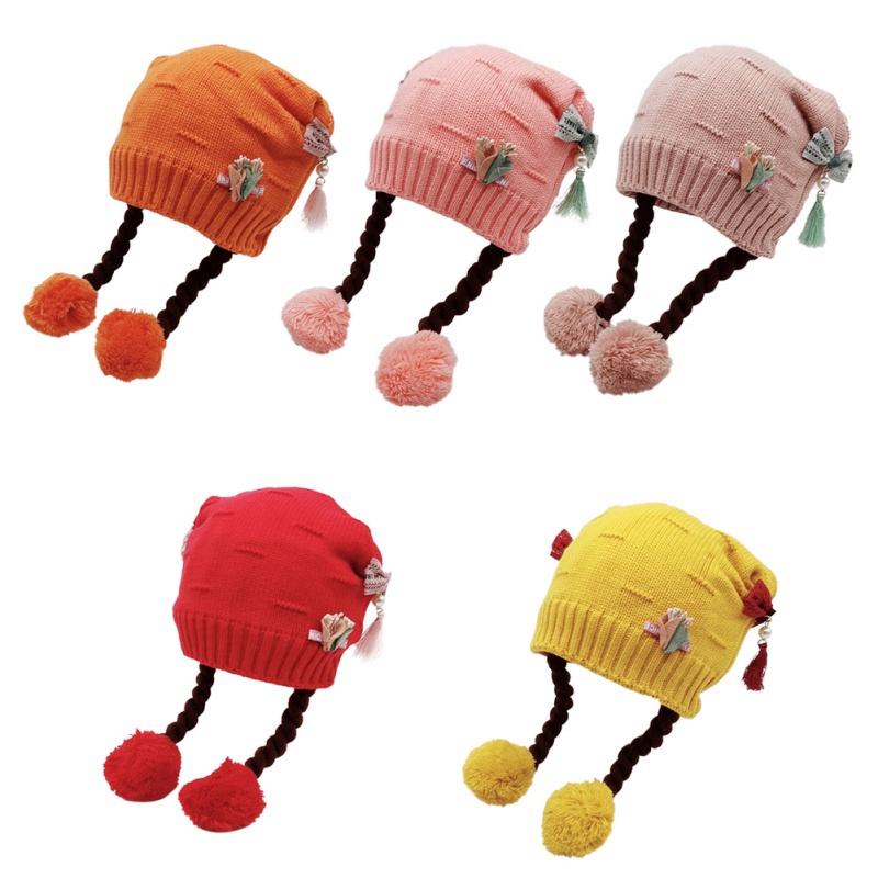 

Baby Hat Winter Warm Toddler Baby Girl Earflap Hat Kids Knit Beanie Cute Casual Embroidery Caps With Fake Braid, As the picture shows