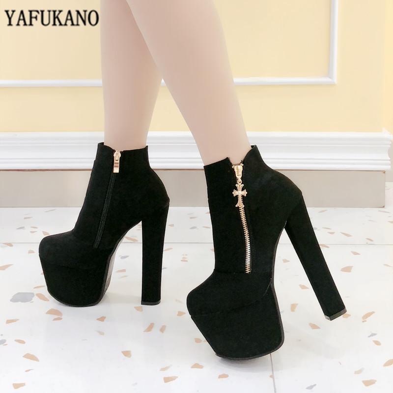 

Sexy Thick Bottom High Heel Women's Shoes 17cm Square Heel Ankle Boots Fashion Boots Womens Short Platform Pumps, Black