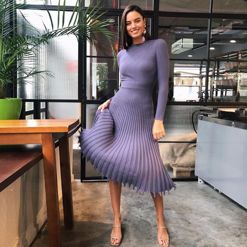 

Brand Women Pleated Knitted Dress Spring O Neck Long Sleeves Elastic Knit Dress Elegant Winter Warm Solid Long Sweater