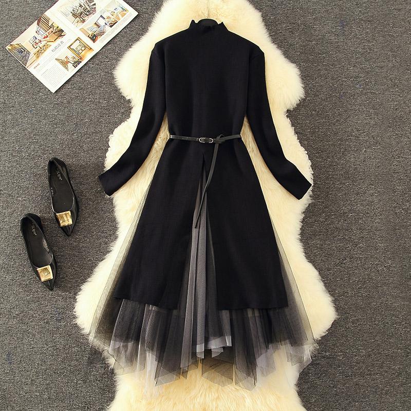 

Women Vintage Black Long Knit Dress suit Turtleneck Knitting Gauze Slim Dress 2 pcs set women 2021 Autumn Winter