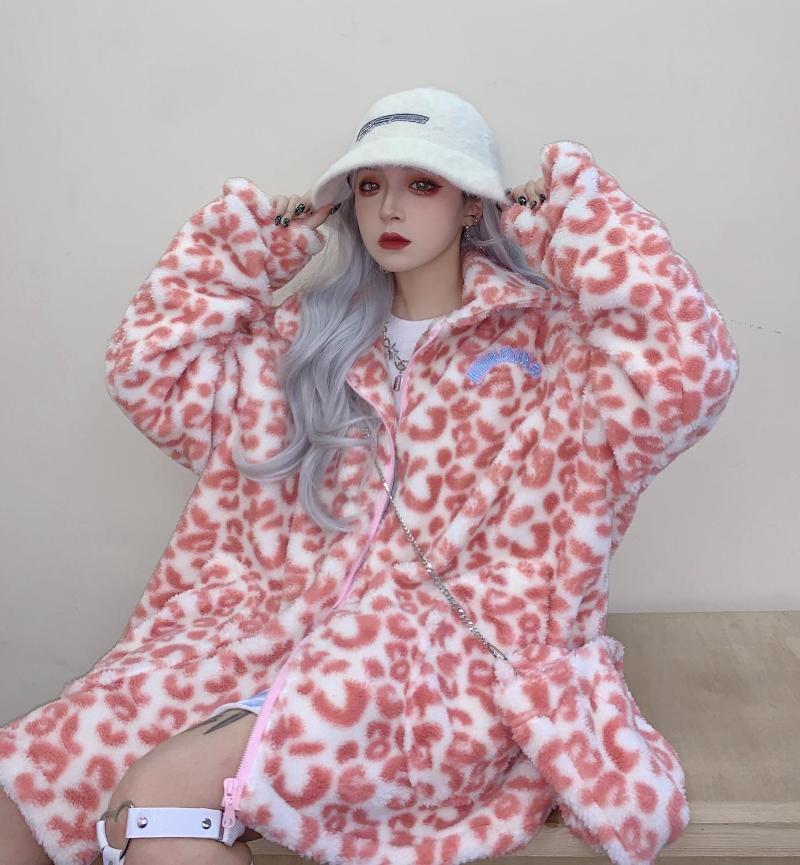 

Jackets Milk Cow Leopard Print Turn-down Collar Coat Overcoat Faux Fur Woolen Warm Winter Women Jacket Plus Size Fuzzy Cute, Pink jacket