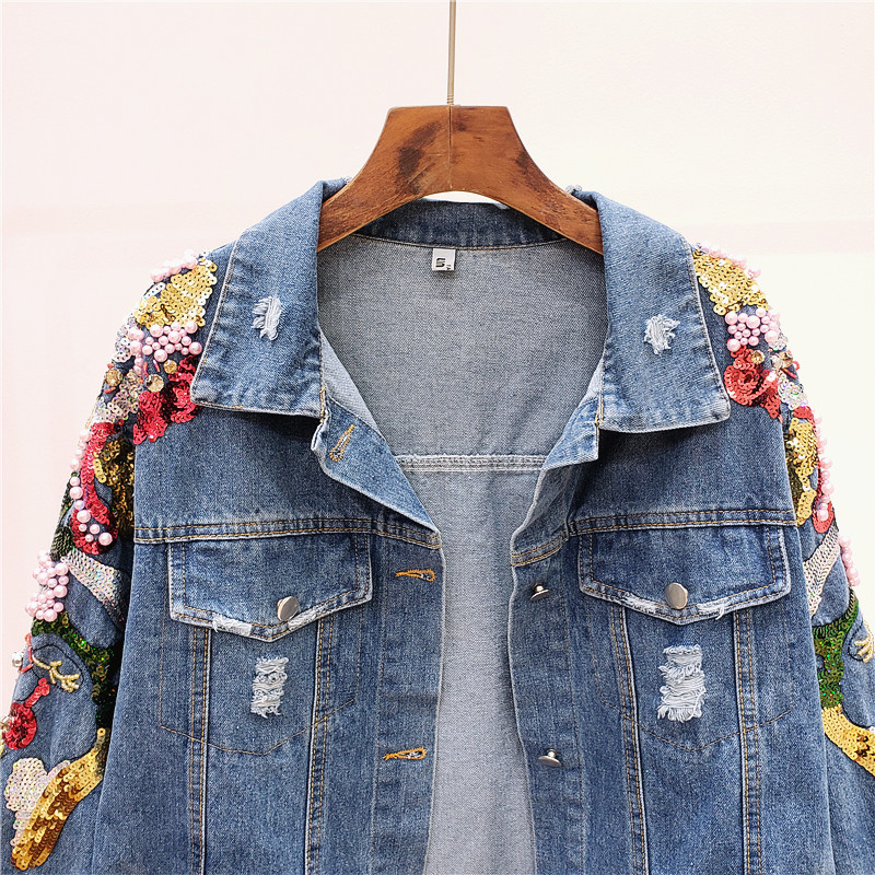 

2021 New Summer Embroidered Sequins Jacket Batwing Vintage Hole Denim Woman's High-quality Chic Coat Ayap