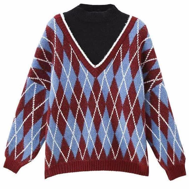 

Fake two-piece sweater women loose outer wear students Korean loose top women 2021 new diamond plaid long sleeve pullover, Blue