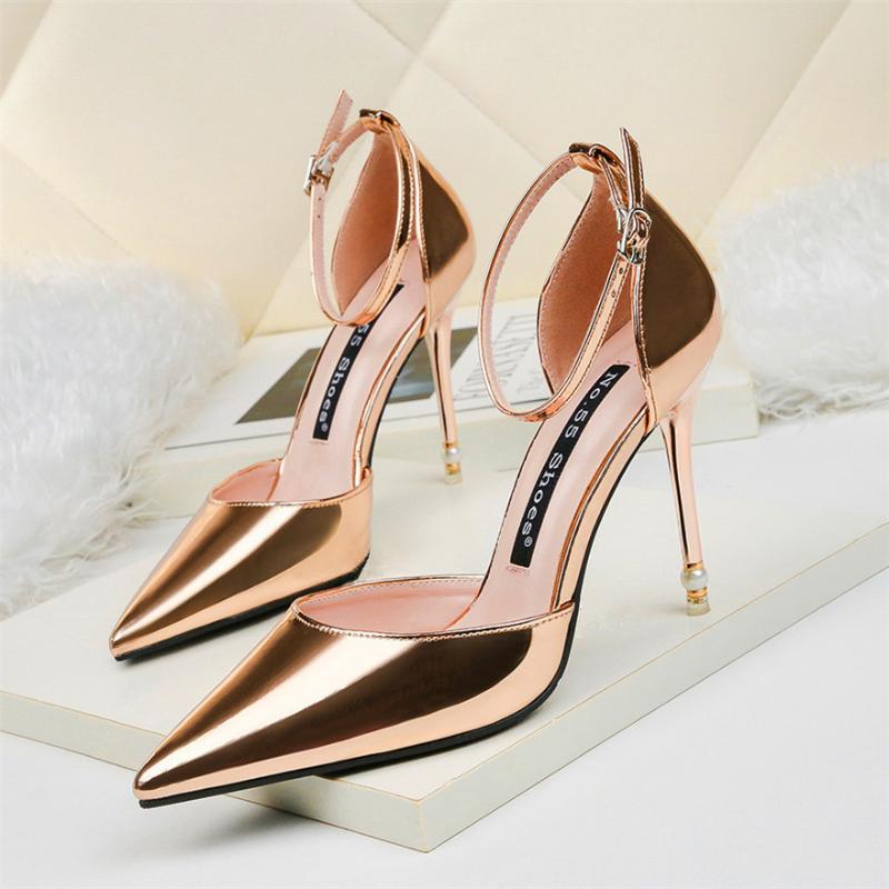 

Sexy Pearl Heel Buckle Women Sandals Patent Leather Pointed Toe High Heels Shoes Woman Shallow Concise Ladies Office Shoes Party, Champagne