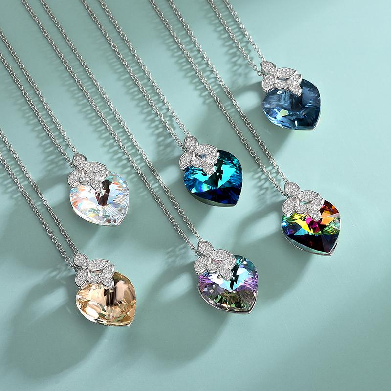 

Chains Fashion S925 Sterling Silver Necklace Female Temperament And Hundred Crystal Heart-Shaped Leaves Pendant Collarbone Chain