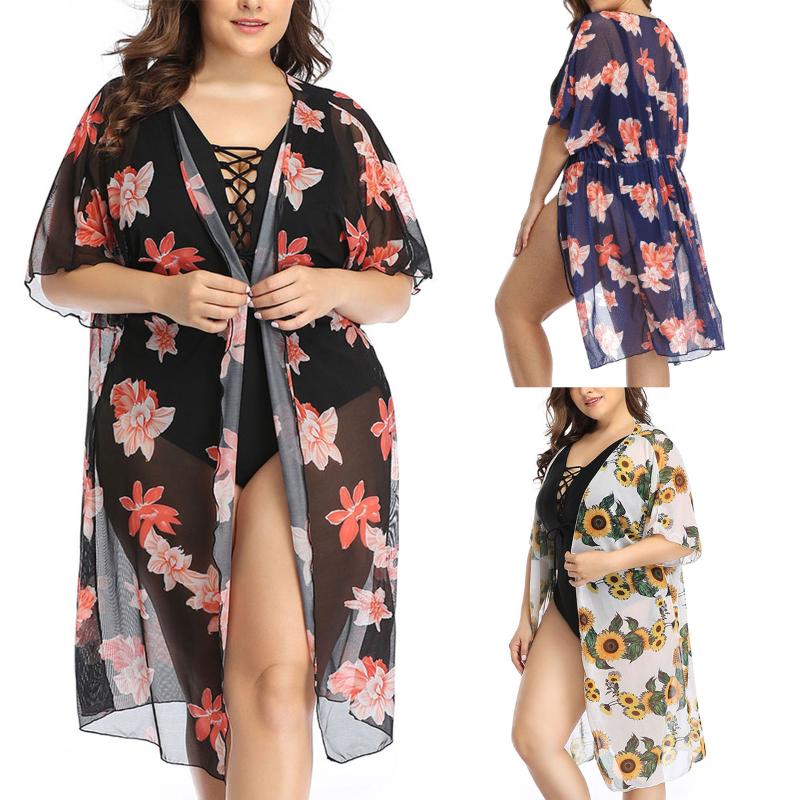 

Women Loose Summer Floral Print Flare Sleeve Half Sleeved Cardigan Sheer Bikini Cover UP Top Plus Size Swimwear Beach, White