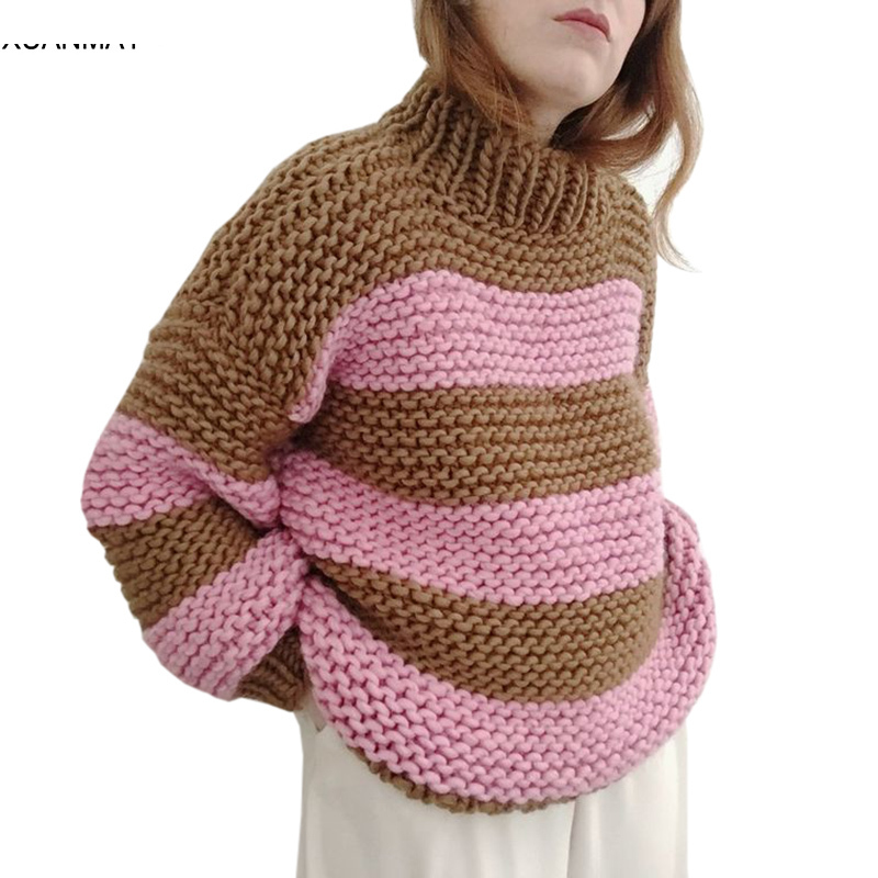 

2020 Women Clothes High-Size Gola Heavy 4XL Hand Pure Woven Shirt Soft and Hot ladies Winter sweater Stripy, Rose