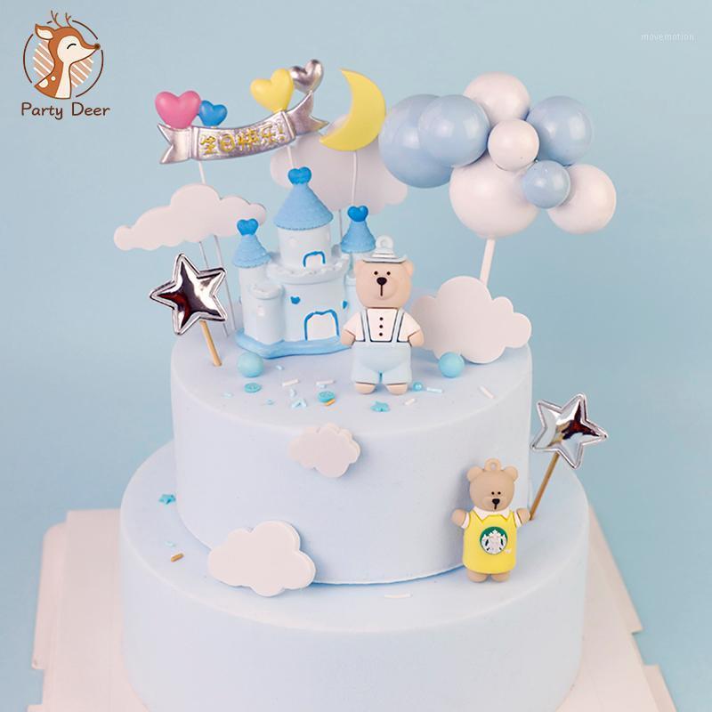 

Castle Bear Cake Topper Cloud Cake Flags Birthday Kids Favors Decoration Cupcake Topper for Wedding Dessert Table Decor1