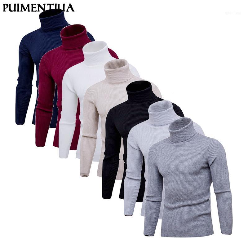 

Puimentiua 2019 Autumn Winter Men Solid Pullover Outerwear Male Knitted Long Sleeve High Collar Slim Fit Knitted Sweater Tops1, Khaki