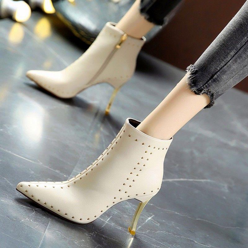 

European Sexy Rivet Banquet Beige High Heels 2021 Winter Pointed Toe Stiletto Side Zipper Short Boots Female Marti Boots, Black