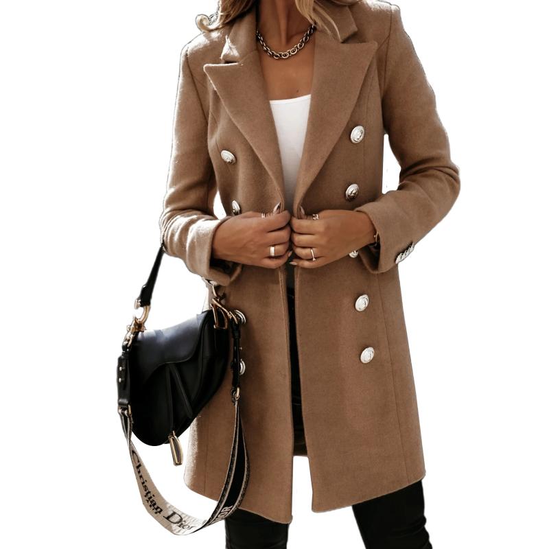 

New Winter Women' Solid Color Fashion Long-sleeved Lapel Coat Double-breasted Woolen Coat Mid-length Casual, Black