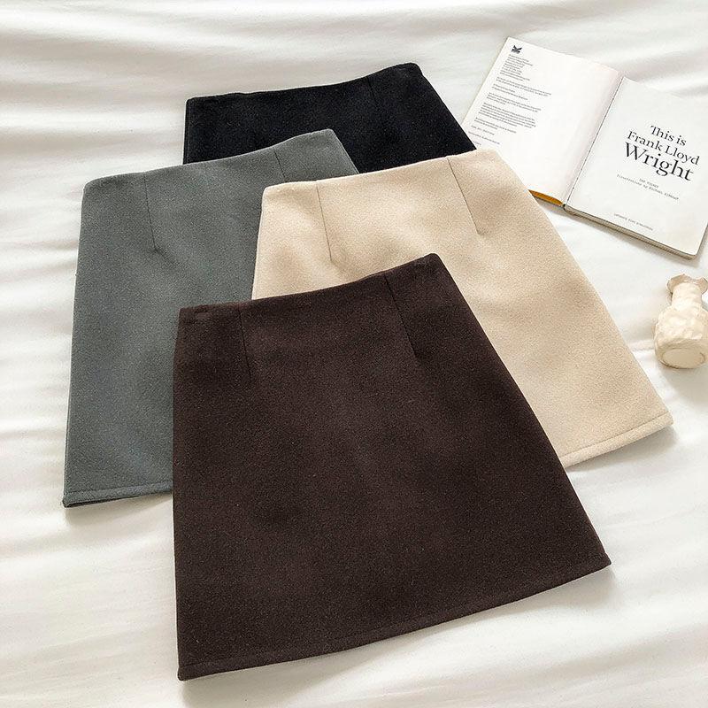 

2021 New Fashion Women Autumn Winter Vintage Solid Woolen Tight Skirts Office Lady Sexy High Waist Zipper Pencil Mini Skirt Z386, Black