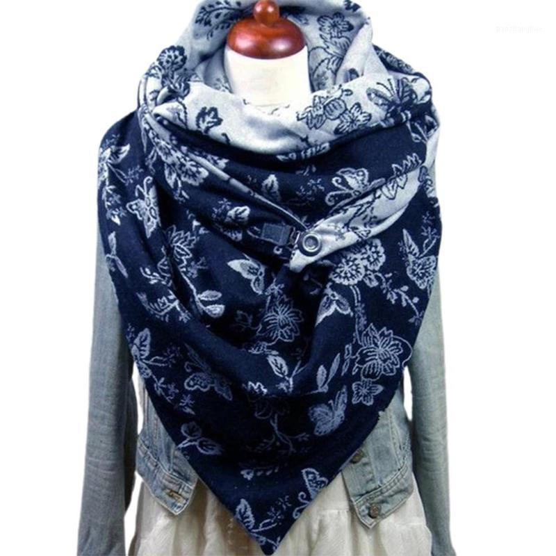 

Scarves Fashion Winter Thick Women Scarf Shawl Flower Leaf Print Button Soft Neck Wrap Scarfs For Ladies, Blue;gray