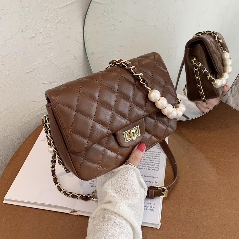 

Designer- Pearl Chain PU Leather solid Color Crossbody Bags For Women Fashion Small Shoulder Bag Female Handbags And Purses, Big-brown