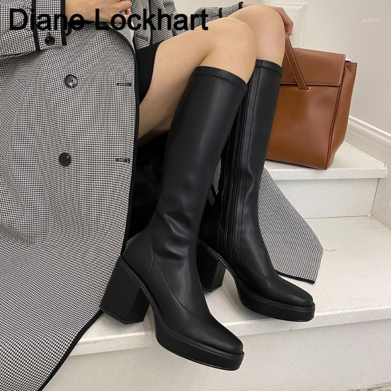 

New Winter Warm Knee High Boots Soft Leather Thigh High Boot Shoes INS Fashion Women 8cm Black Block Heels Long Bottes1, White
