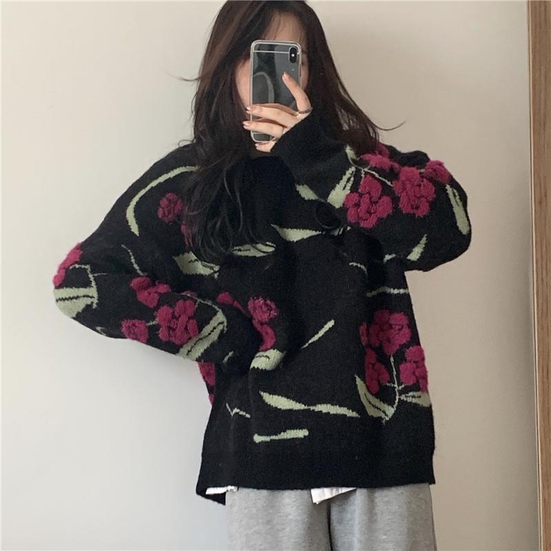 

Vintage Flower Sweater Women Autumn New Knitted Tops O Neck Long Sleeve Retro Loose Pullover Jumpers, Black