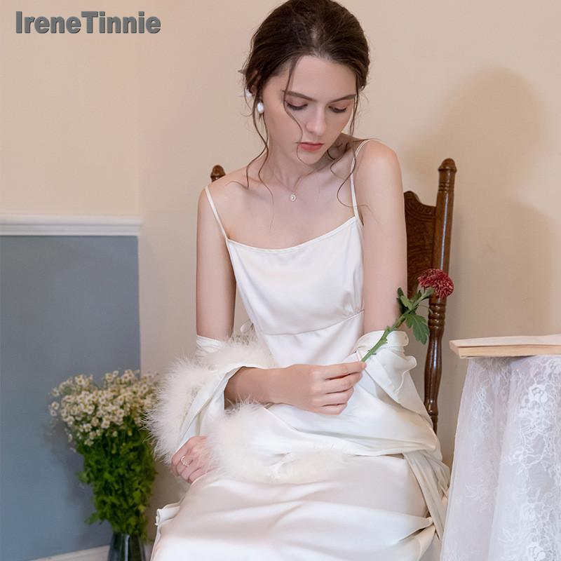 

Irene Tinnie French Style Retro Sexy Silk Satin Nightdress Feather Silp Dress Robe Neglige Nightgown Two-Pieced Set, Black
