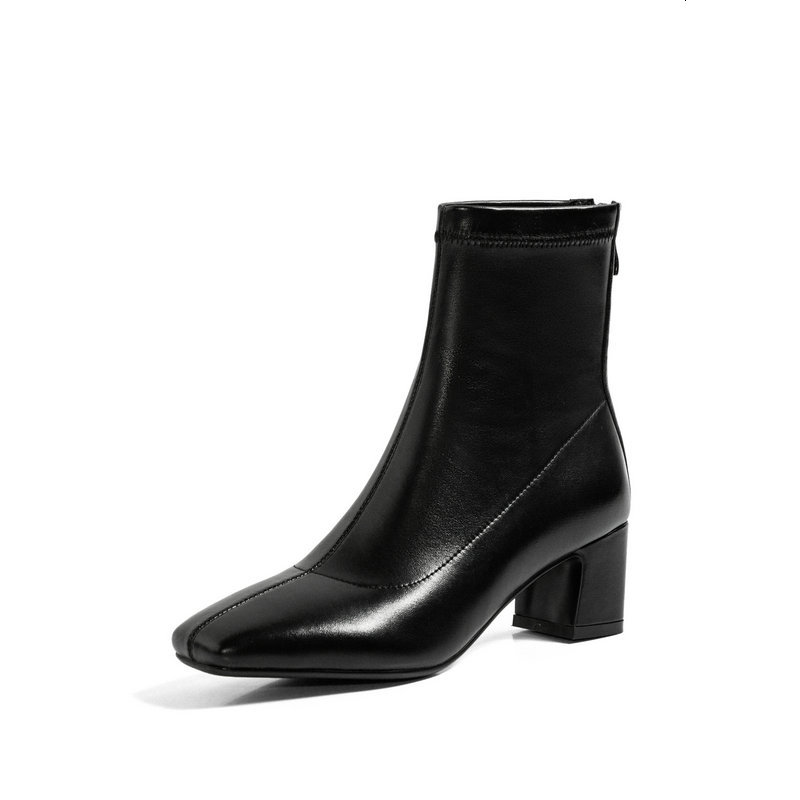 

2021 New Autumn Winter Pu Leather Toe Back Ankle Boots Square Heel All Match Women Shoes Size 34-43 Kfzm, Black
