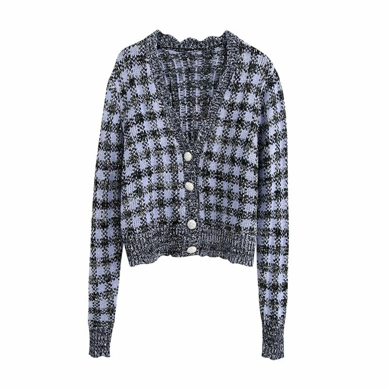 

Elegant women plaid tweed outerwear 2020 fashion ladies v-neck jacket sweet female diamond button short coat girls chic coat, Blue